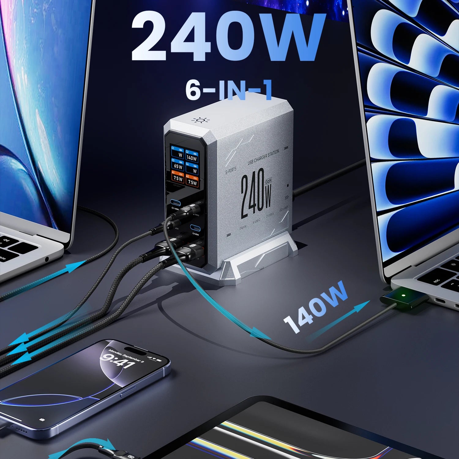 240W GaN 6-in-1 Charger – 140W PD3.1 Fast Charging USB-C Station with Digital Display