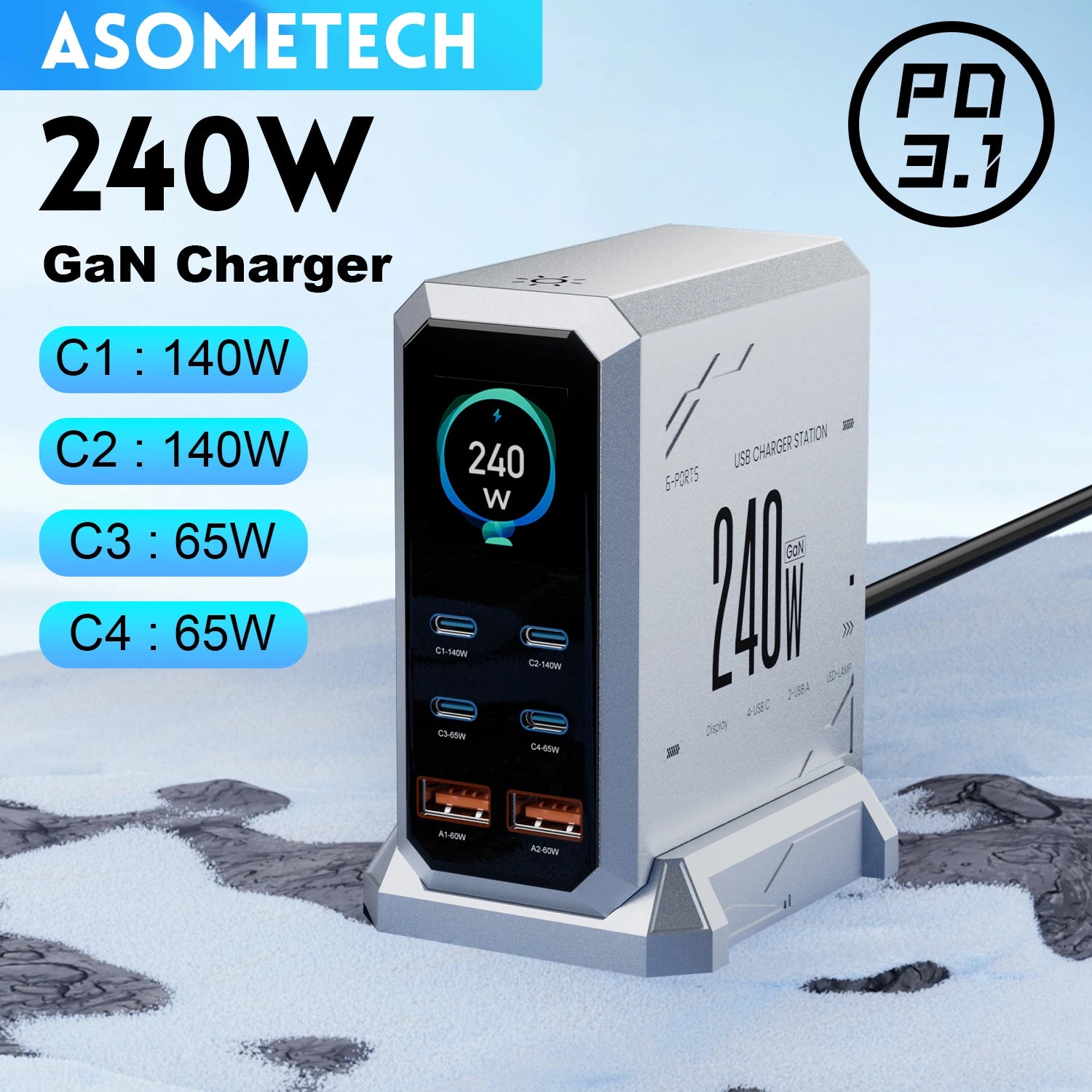 240W GaN 6-in-1 Charger – 140W PD3.1 Fast Charging USB-C Station with Digital Display
