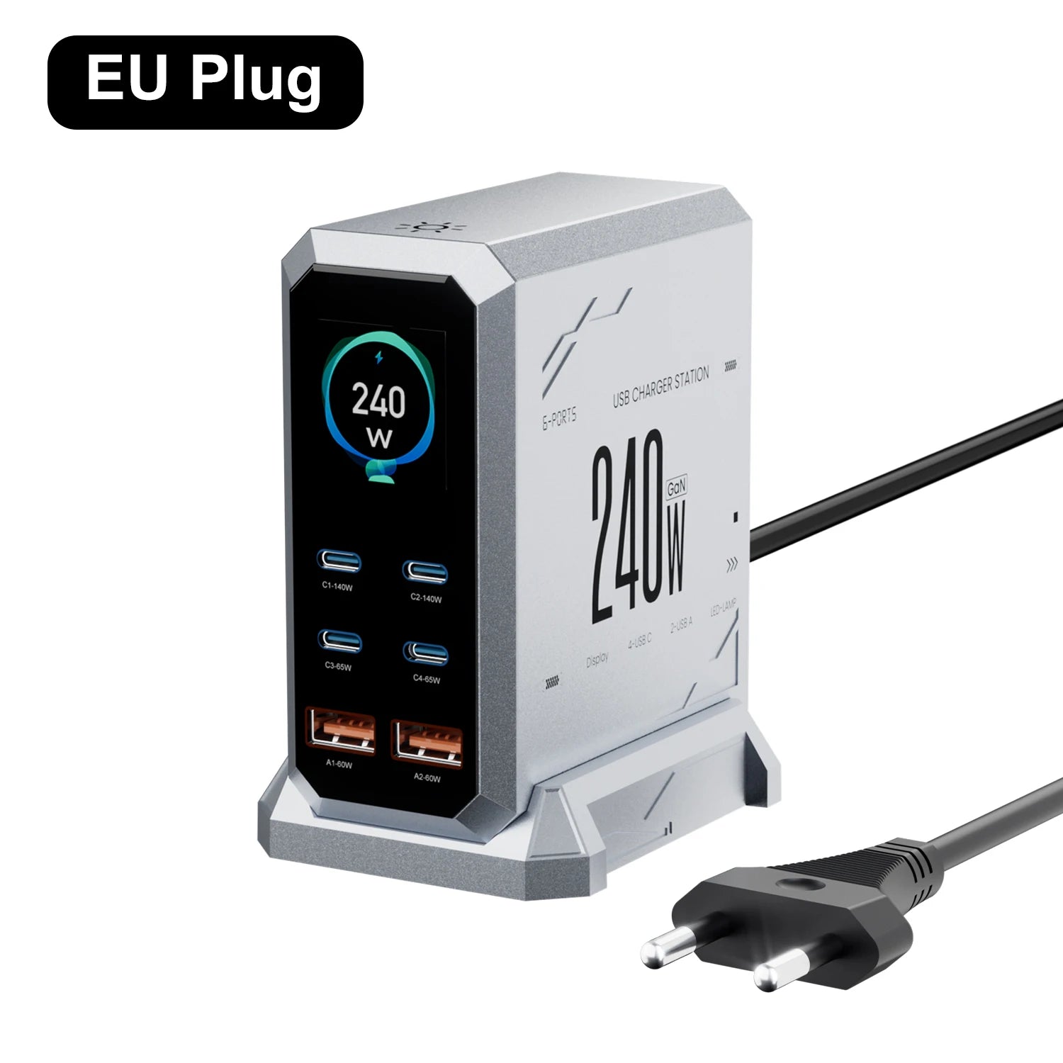 240W GaN 6-in-1 Charger – 140W PD3.1 Fast Charging USB-C Station with Digital Display