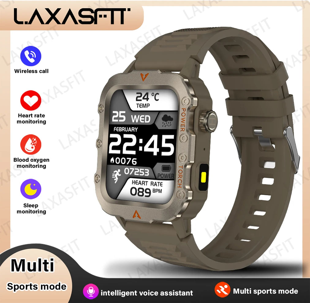 LAXASFIT Men’s Outdoor Smart Watch with LED Flashlight & Health Monitoring