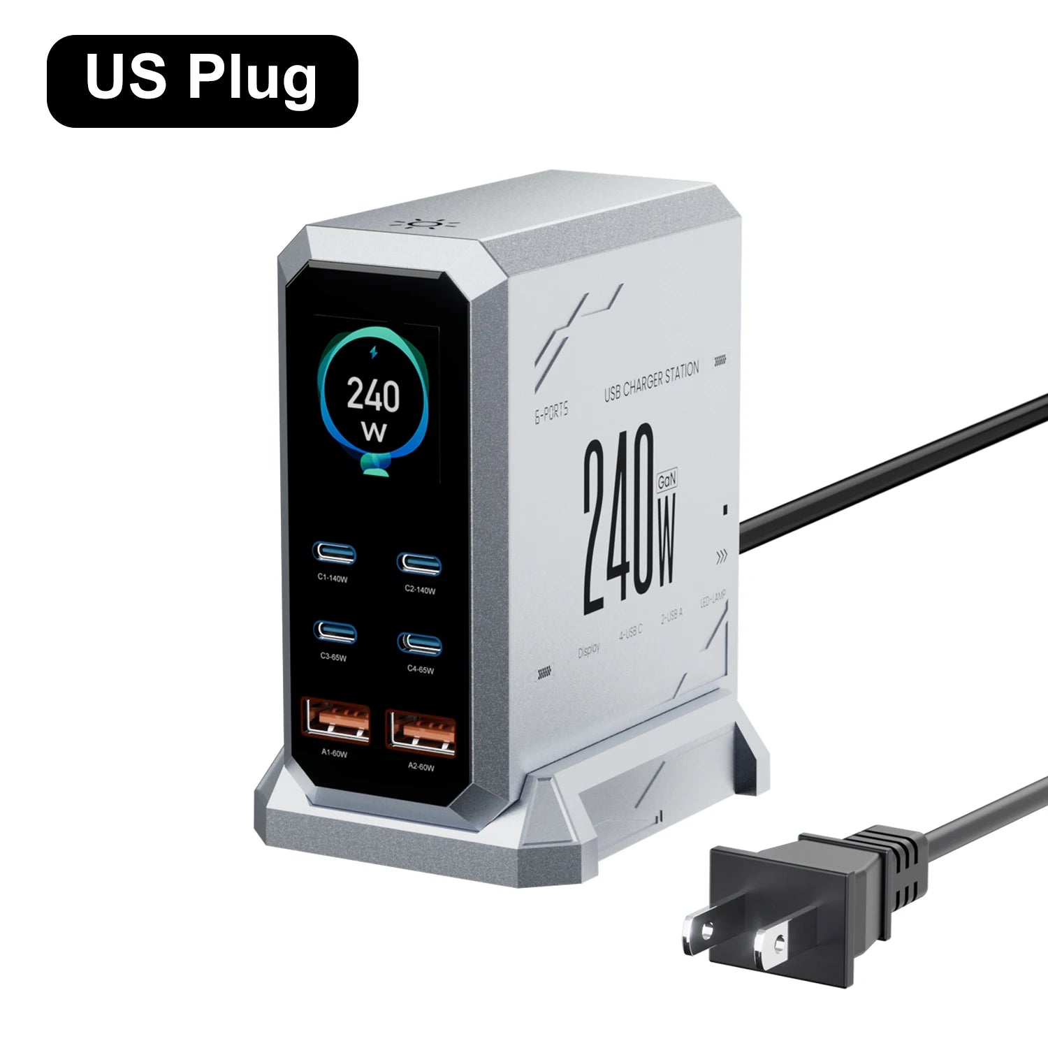 240W GaN 6-in-1 Charger – 140W PD3.1 Fast Charging USB-C Station with Digital Display